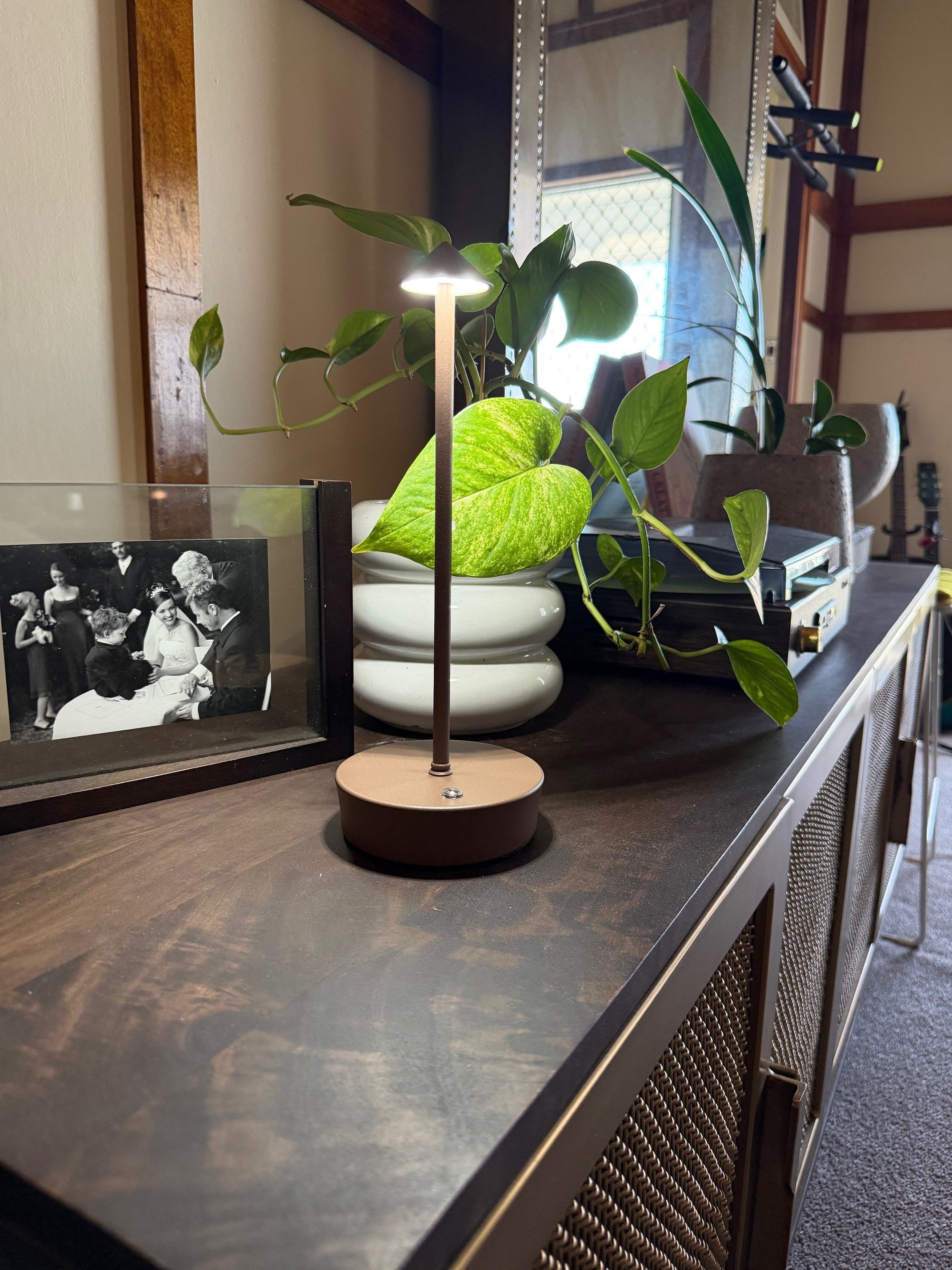 halo light with modern lamp on a wooden surface with a plant and photo frame in the background