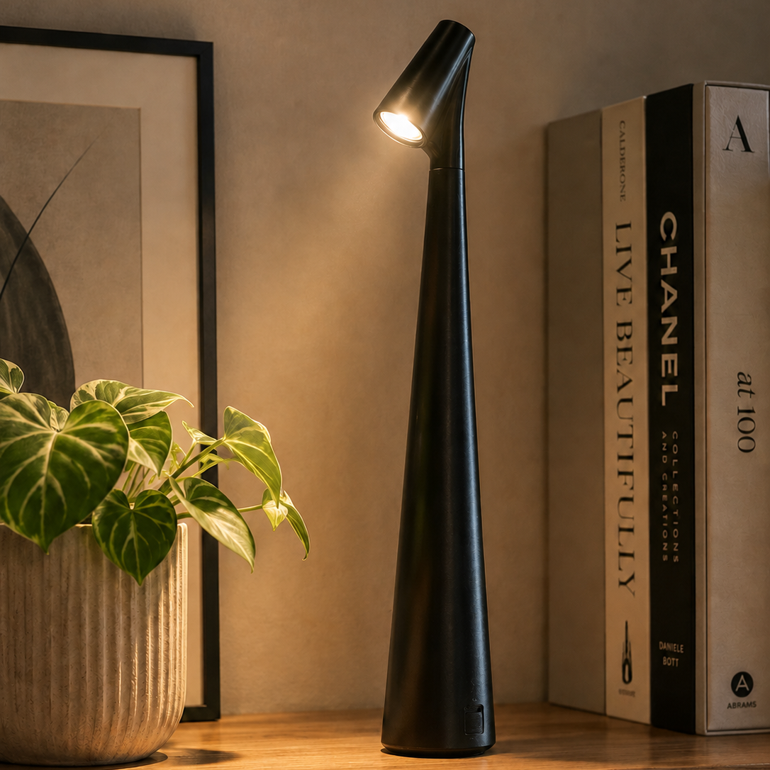 A sleek black sister table lamp with a tapered cone shape, casting a warm light on a wooden shelf next to books and a potted plant.
