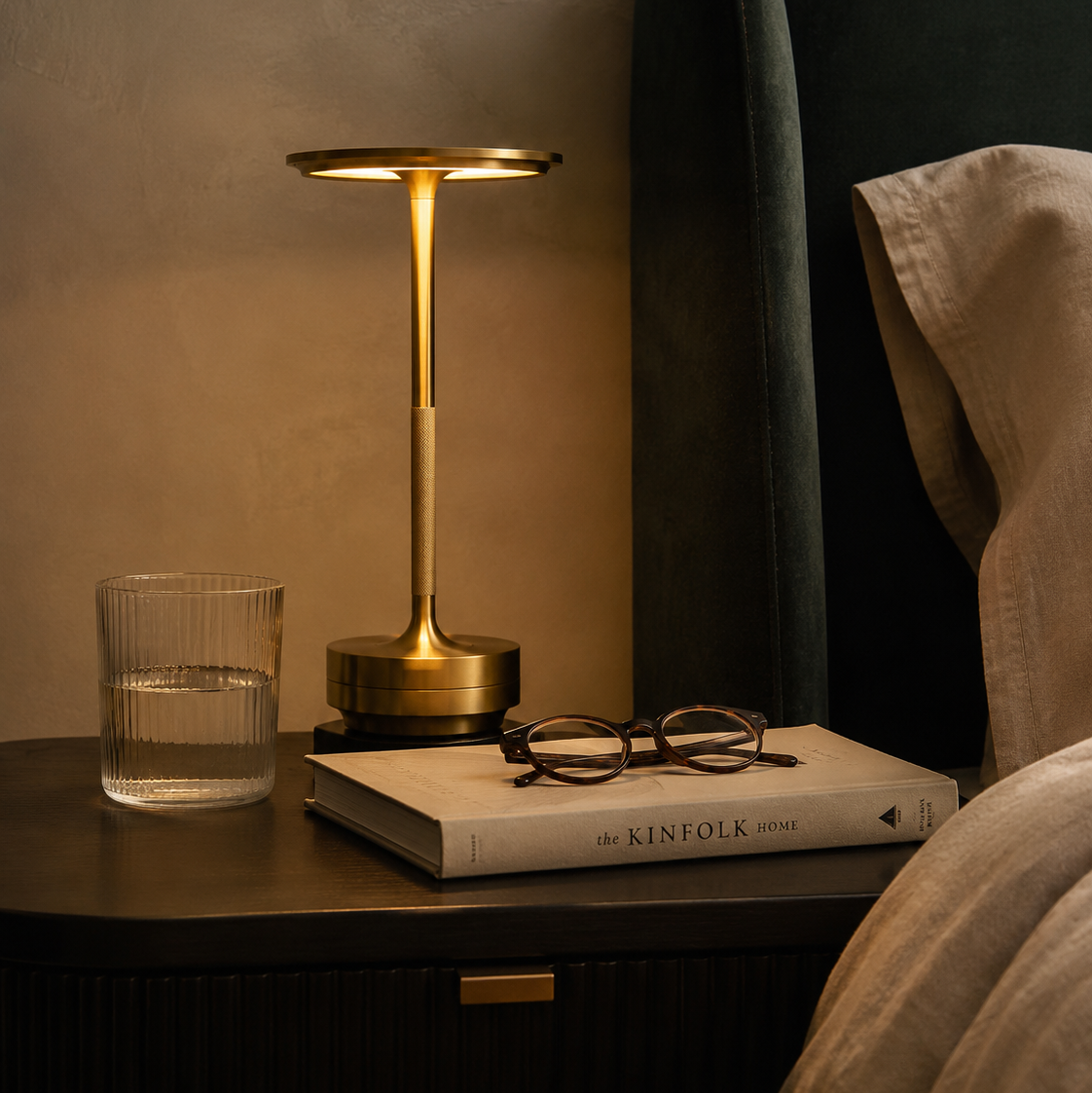 A modern brass table lamp with a circular shade and slim stem, glowing warm light on a dark bedside table next to a glass of water, a book, and eyeglasses, with a dark green upholstered headboard in the background. the light is portable and rechargeable via USB-C. 