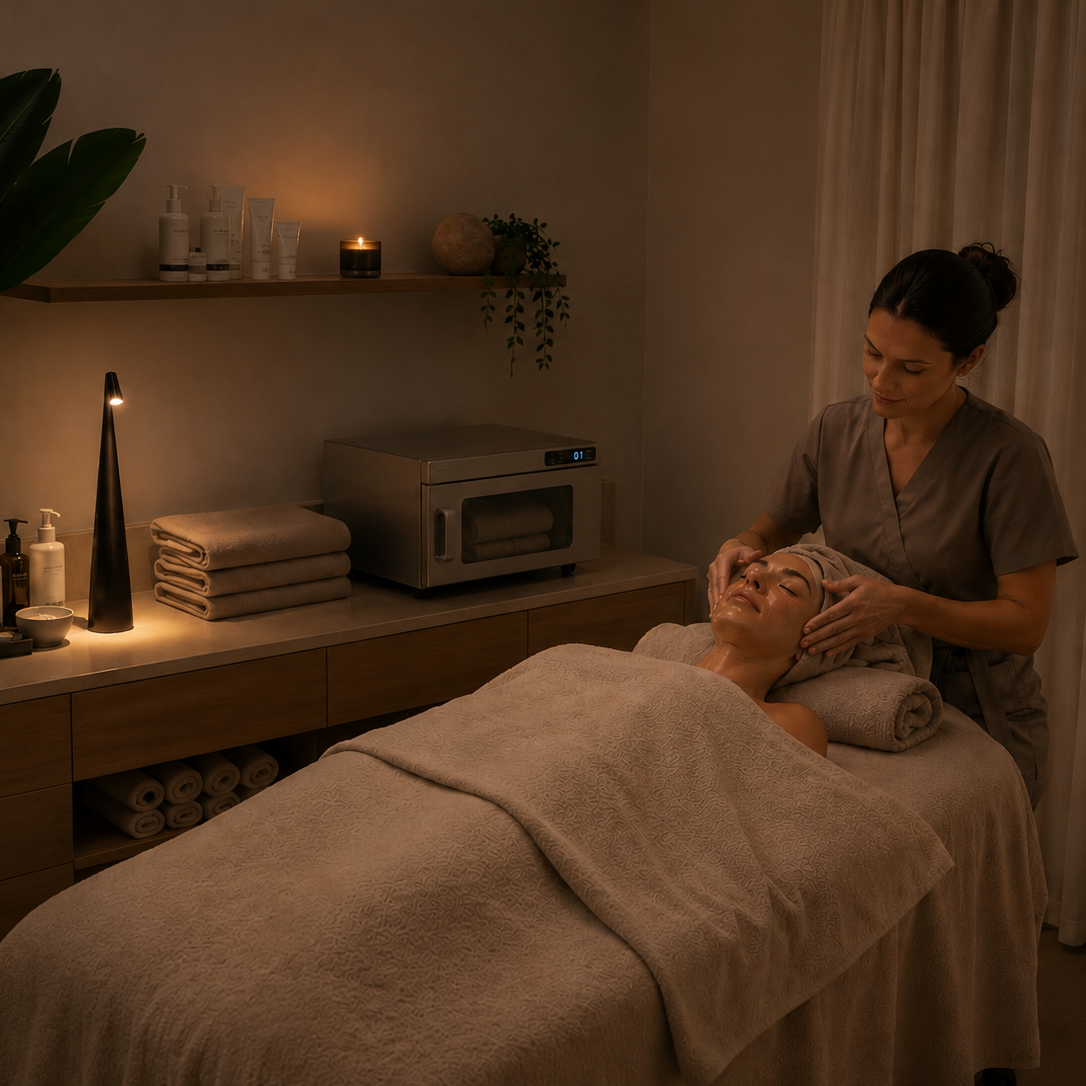 A spa treatment scene in a softly lit room by a cordless, rechargeable, portable and weatherproof light where a therapist in grey scrubs massages a client's face while they lie covered with a beige towel on a treatment table. A wooden shelf holds towels, bottles, candles, and a small appliance, with a large plant and curtains in the background.  The sister table lamp comes in two sizes and 5 colours. 
