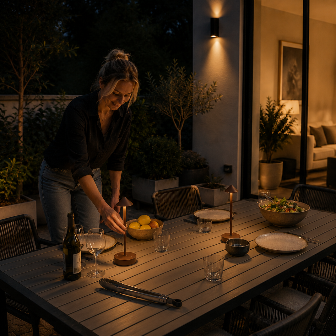 A woman sets a table at dusk on an outdoor patio. The table is styled for dining with plates, glasses, candles, and a bottle, surrounded by dark woven chairs.  the halo weatherproof lights come in black, gold and brown.  they are cordless and portable and rechargeable.