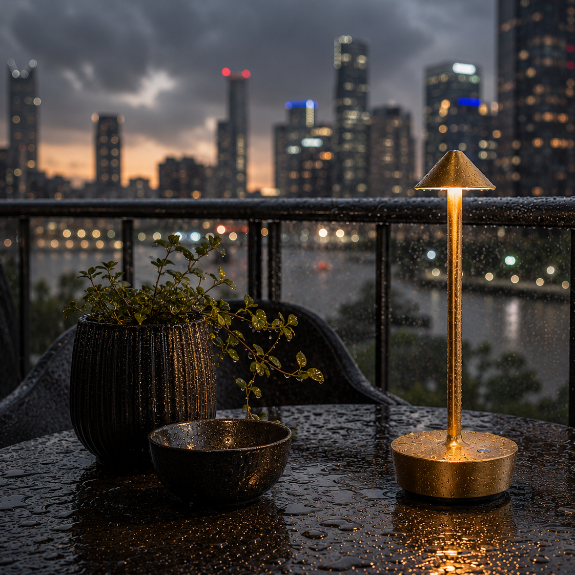 A modern table lamp with a gold-toned metal stand and conical shade sits on a wet dark table on a balcony, with a city skyline and water in the background at dusk.