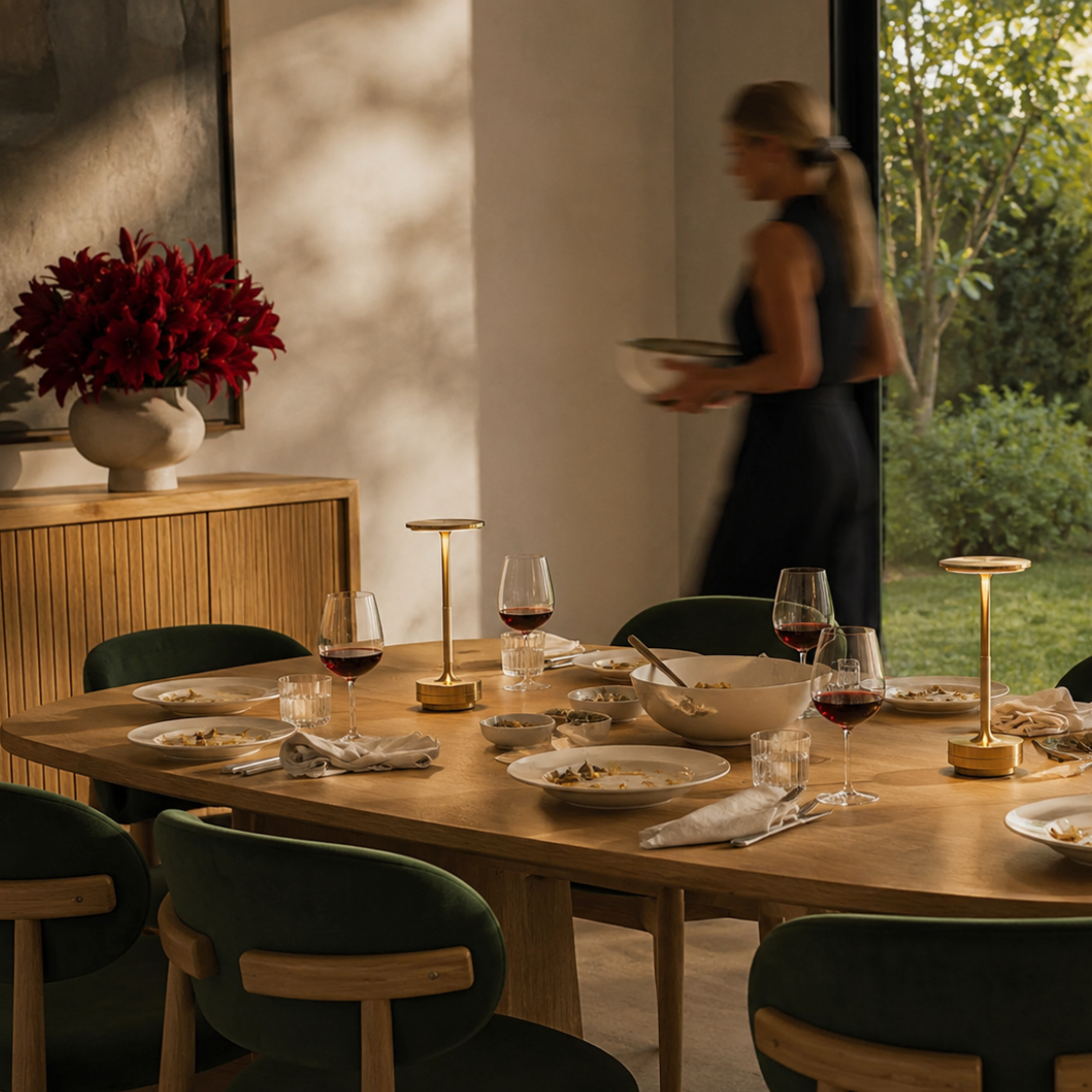 gold cordless, portable, rechargeable lamp.  dining table setting with burgundy flower arrangement.   The lights are also weatherproof.
