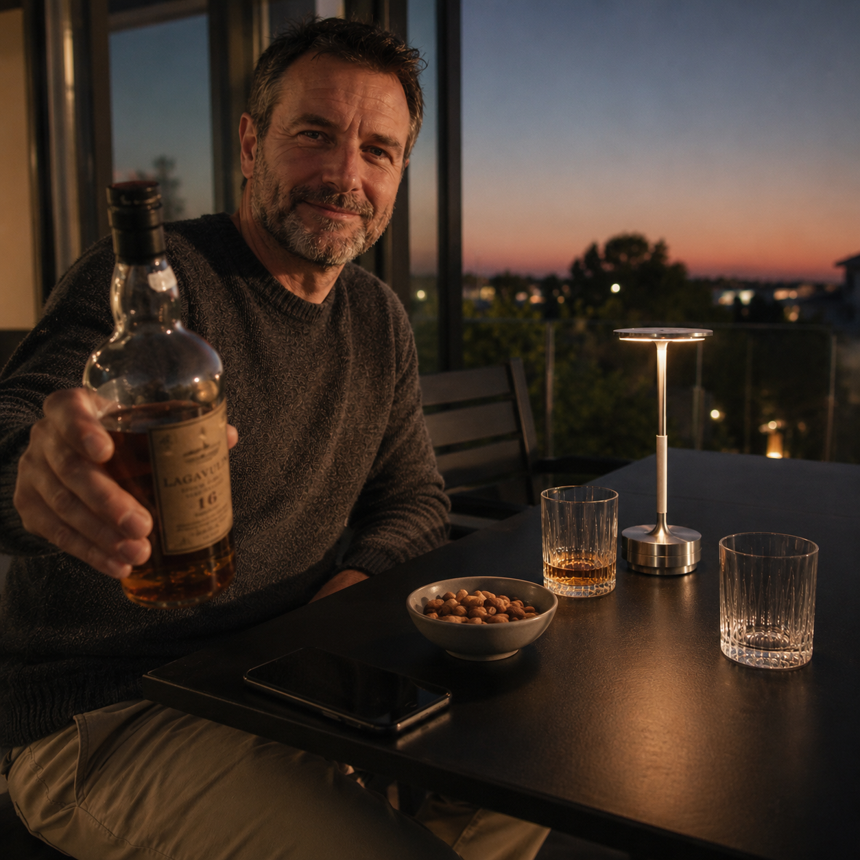A man in a dark grey sweater holds up a bottle of whisky on a balcony at dusk, with two glasses, a bowl of nuts, and a lit portable, cordless, weatherproof table lamp on a dark table in front of him.  The light is rechargeable and comes in silver, black and gold.  