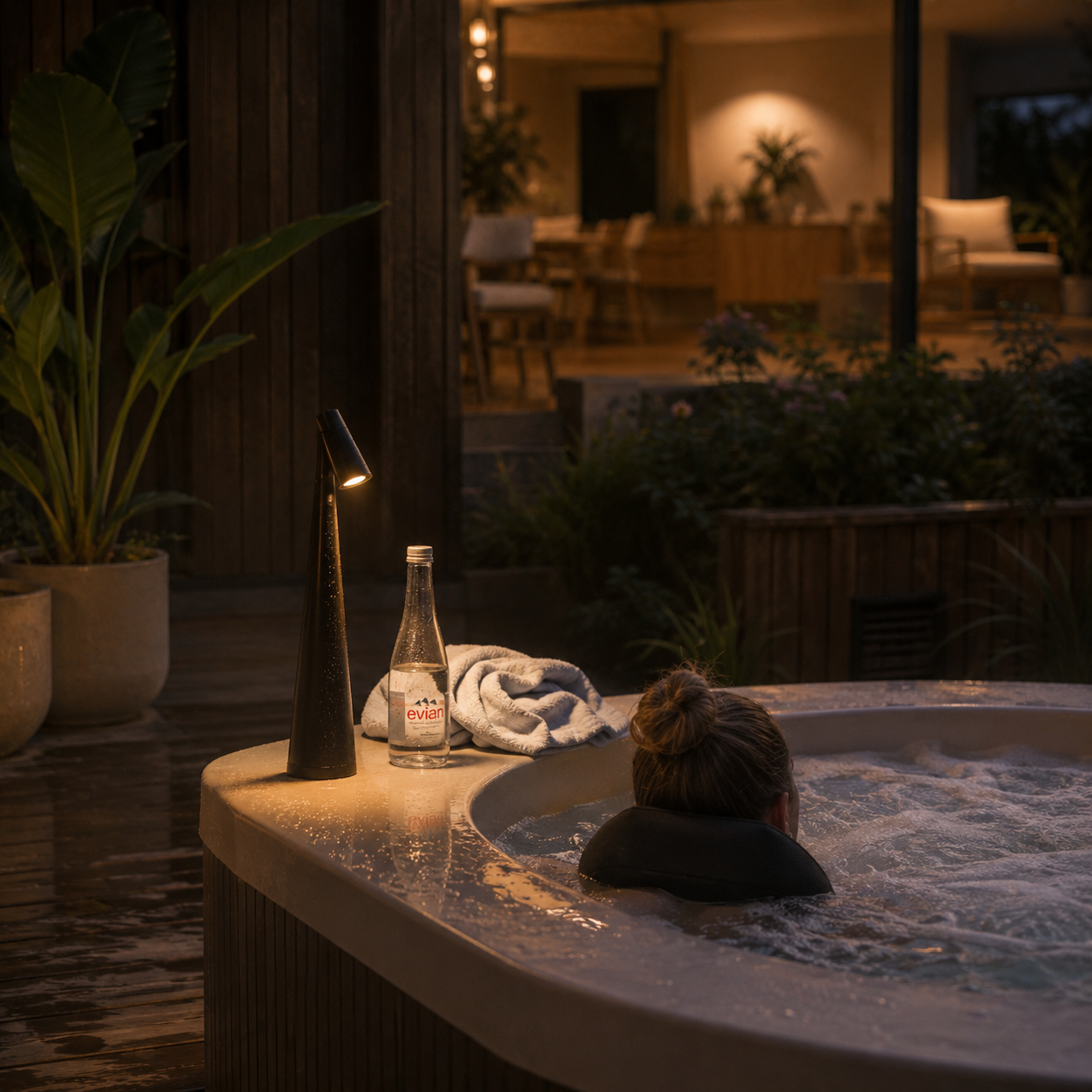 A person relaxes in a bubbling outdoor hot tub at night, with a lit black sister table lamp, a glass bottle, and a folded towel on the tub's edge. The setting is a modern patio with warm ambient lighting and plants in the background.  the light is weatherproof, cordless and rechargeable. 