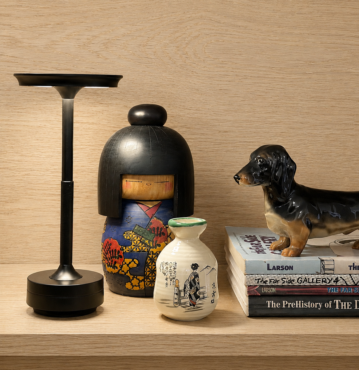 A styled tabletop scene on a light wood surface against a wood-paneled wall, featuring a black modern table lamp, a wooden Kokeshu doll with colorful floral patterning, a small white ceramic vase with black ink-style illustration, a stack of books, and a black-and-tan dachshund figurine.   The light is cordless, portable, rechargeable and weatherproof.