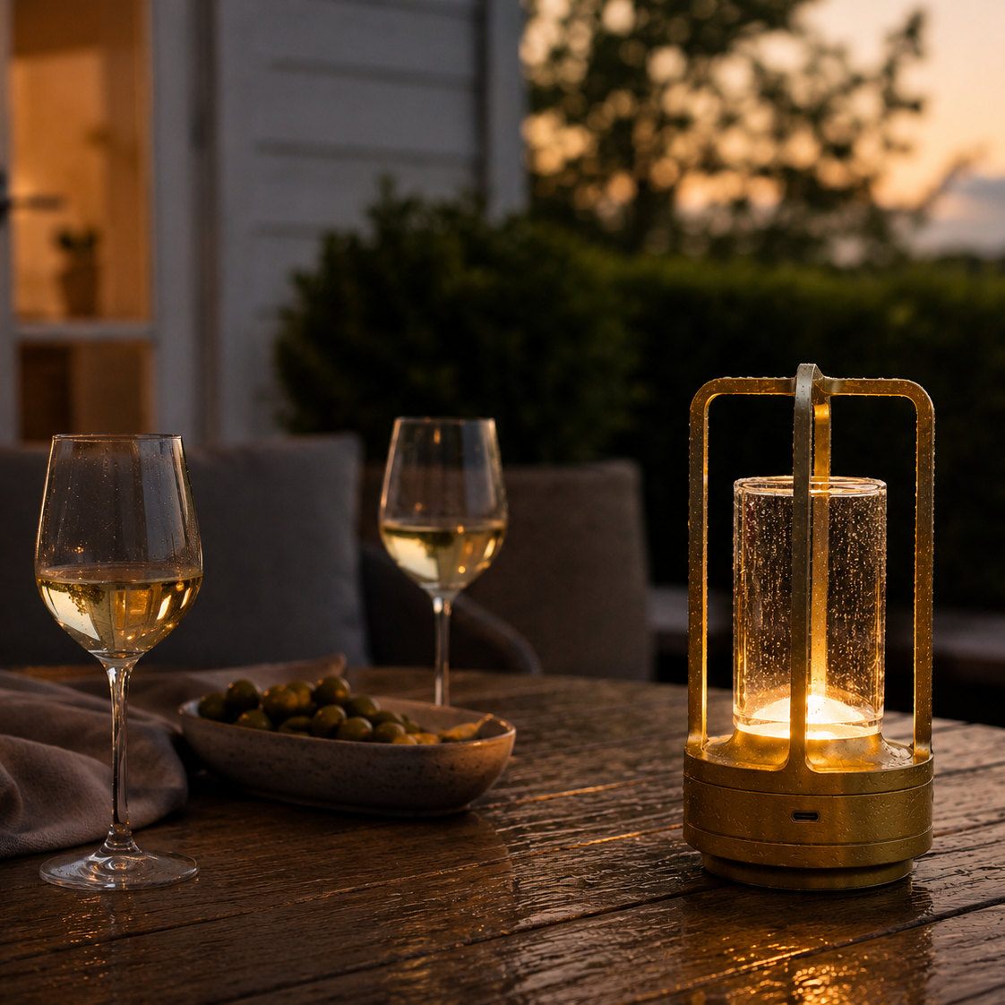 A cordless lantern light glowing sits on a wooden table outdoors at sunset, alongside two wine glasses, a bowl of olives, and patio seating in the background.  It's a weatherproof, portable and rechargeable lamp.