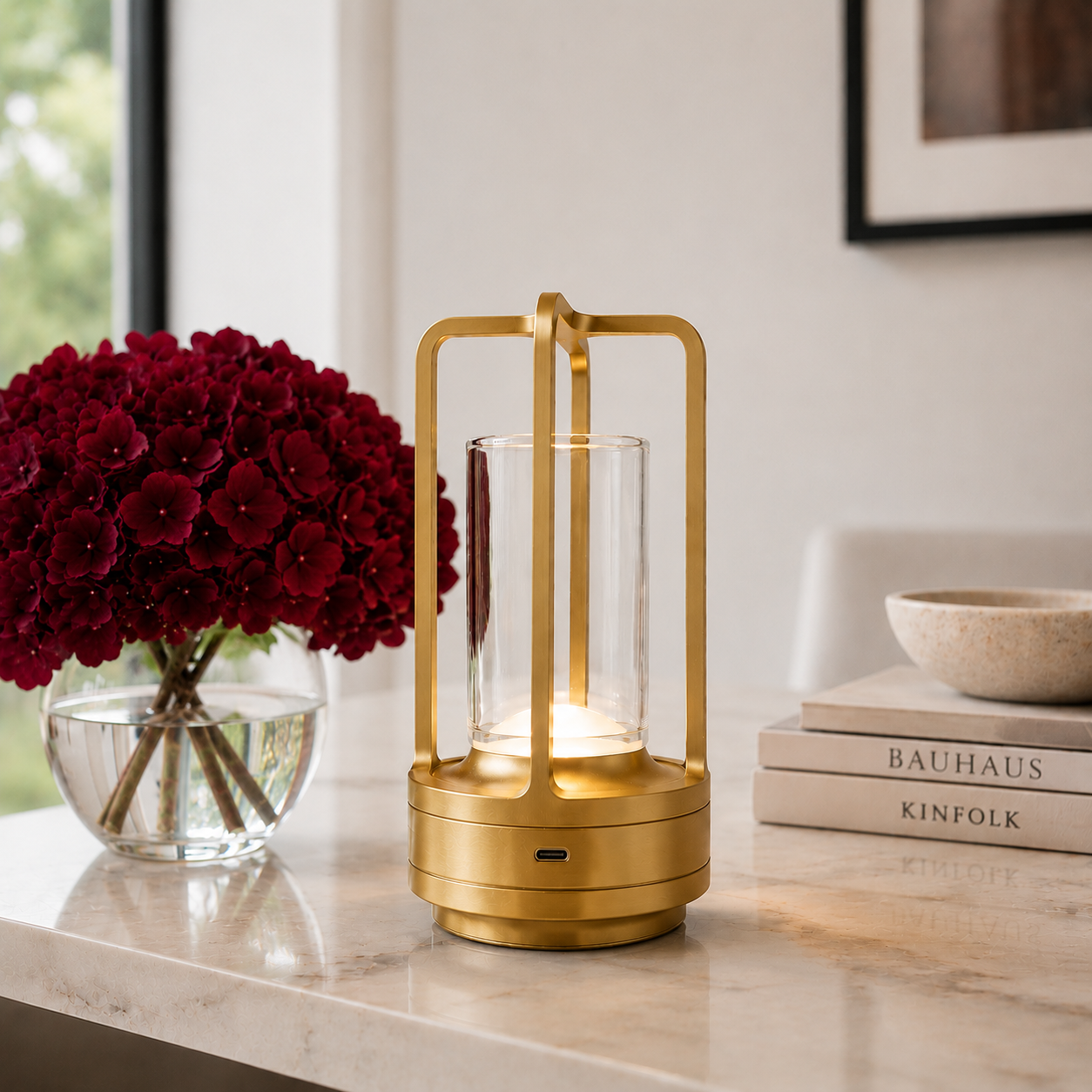 A gold lantern-style cordless light with a clear glass cylinder and warm glowing light inside, placed on a marble countertop in a bright interior setting with a vase of red flowers and stacked books nearby.  It is portable and rechargeable via USB-C charger