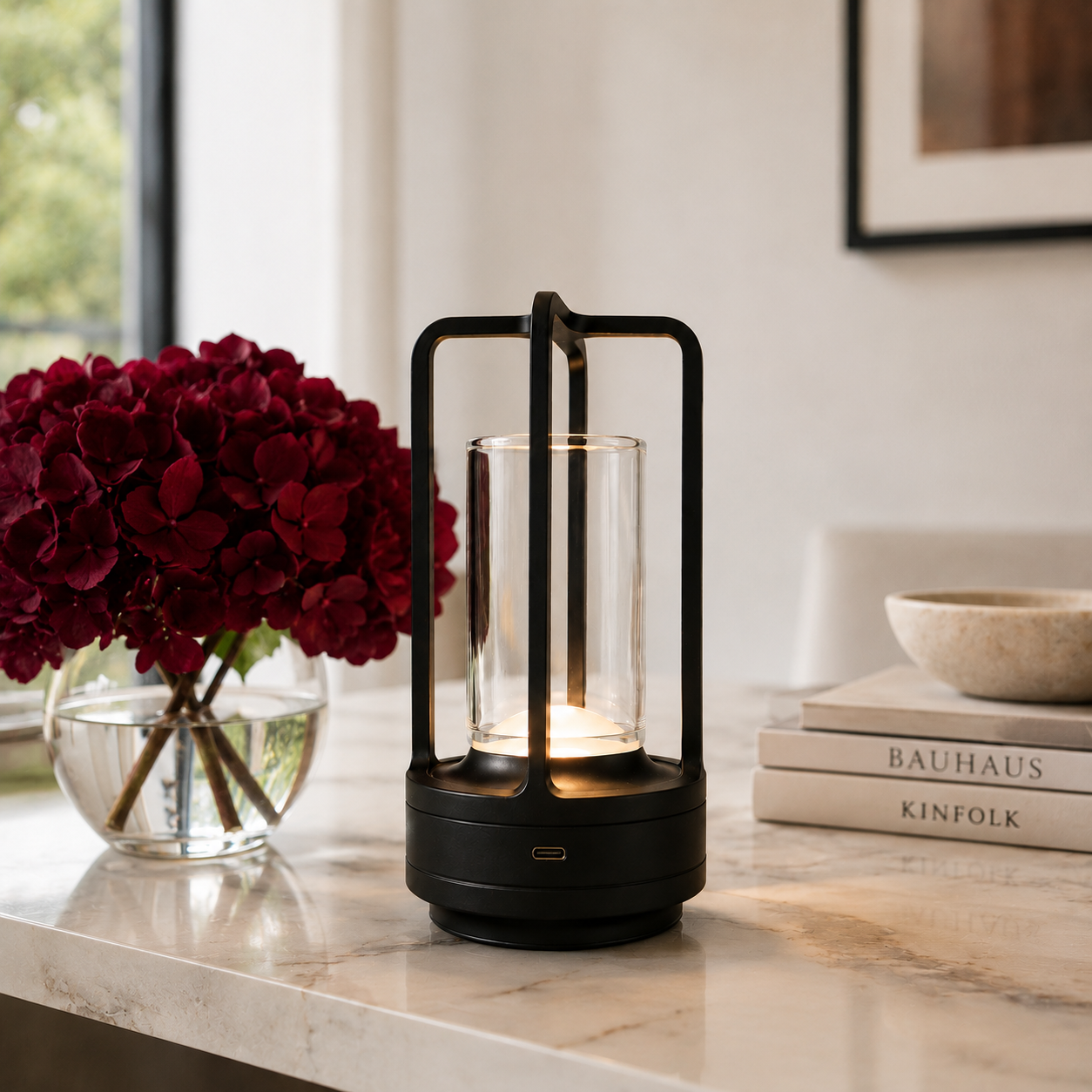A black lantern-style cordless light with a clear glass cylinder and warm glowing light inside, placed on a marble countertop in a bright interior setting with a vase of red flowers and stacked books nearby.  It is portable and rechargeable via USB-C charger