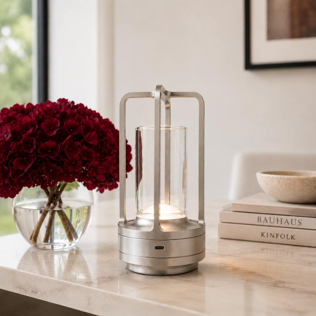 A silver lantern-style cordless light with a clear glass cylinder and warm glowing light inside, placed on a marble countertop in a bright interior setting with a vase of red flowers and stacked books nearby.  It is portable and rechargeable via USB-C charger
