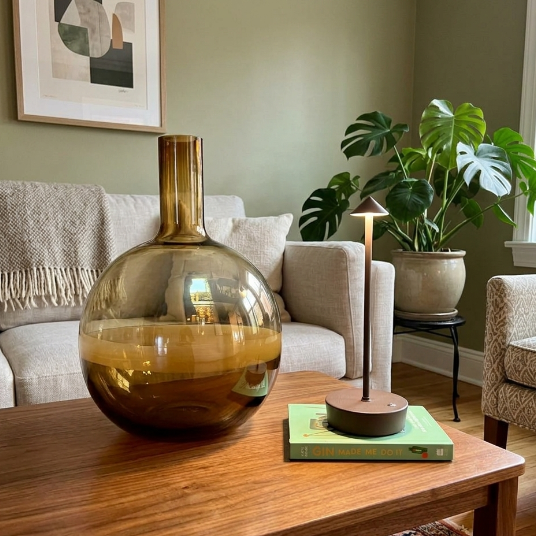 Gold vase on a wooden table in a living room with a plant and cordless lamp. the light is portable and rechargeable