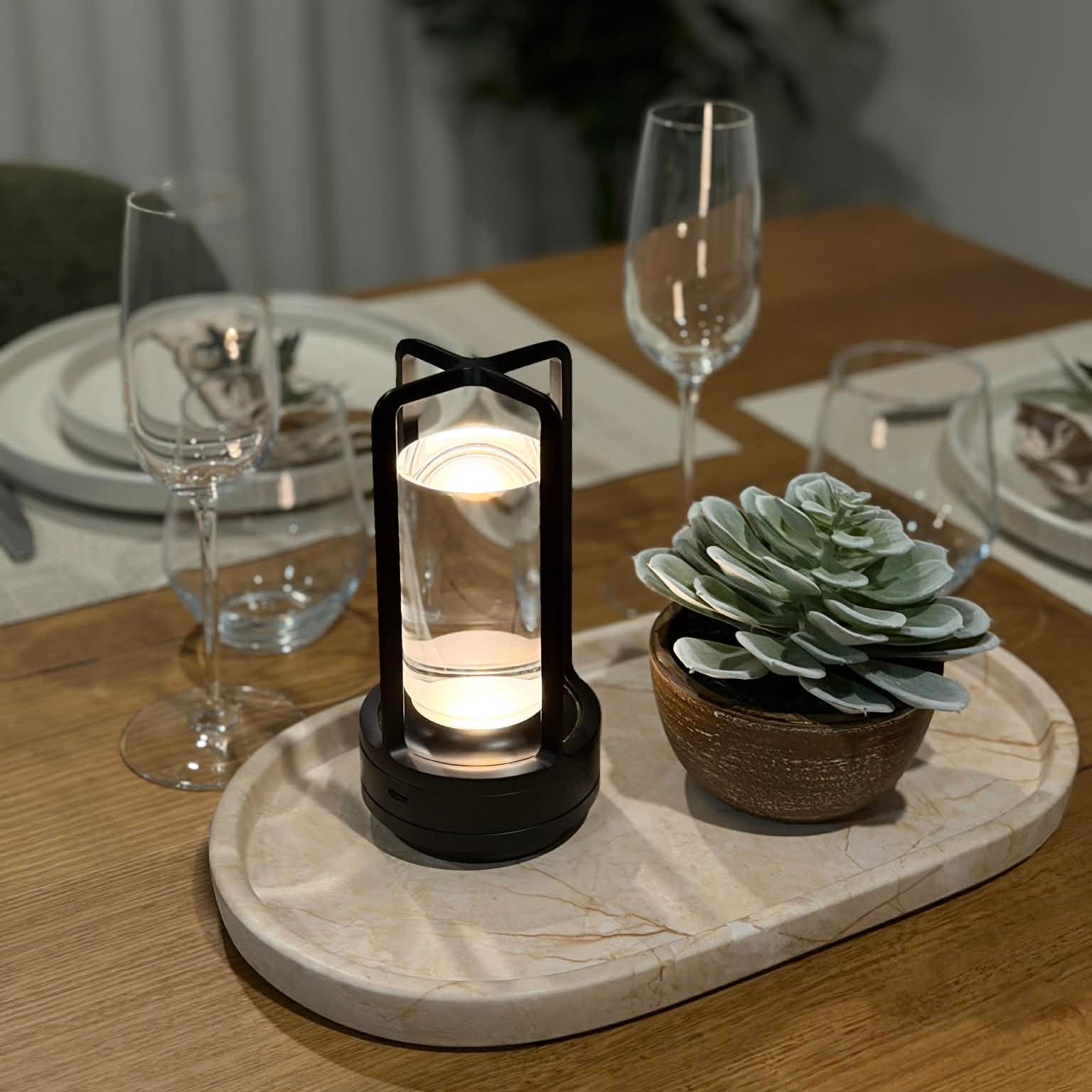 black lantern with dining setting