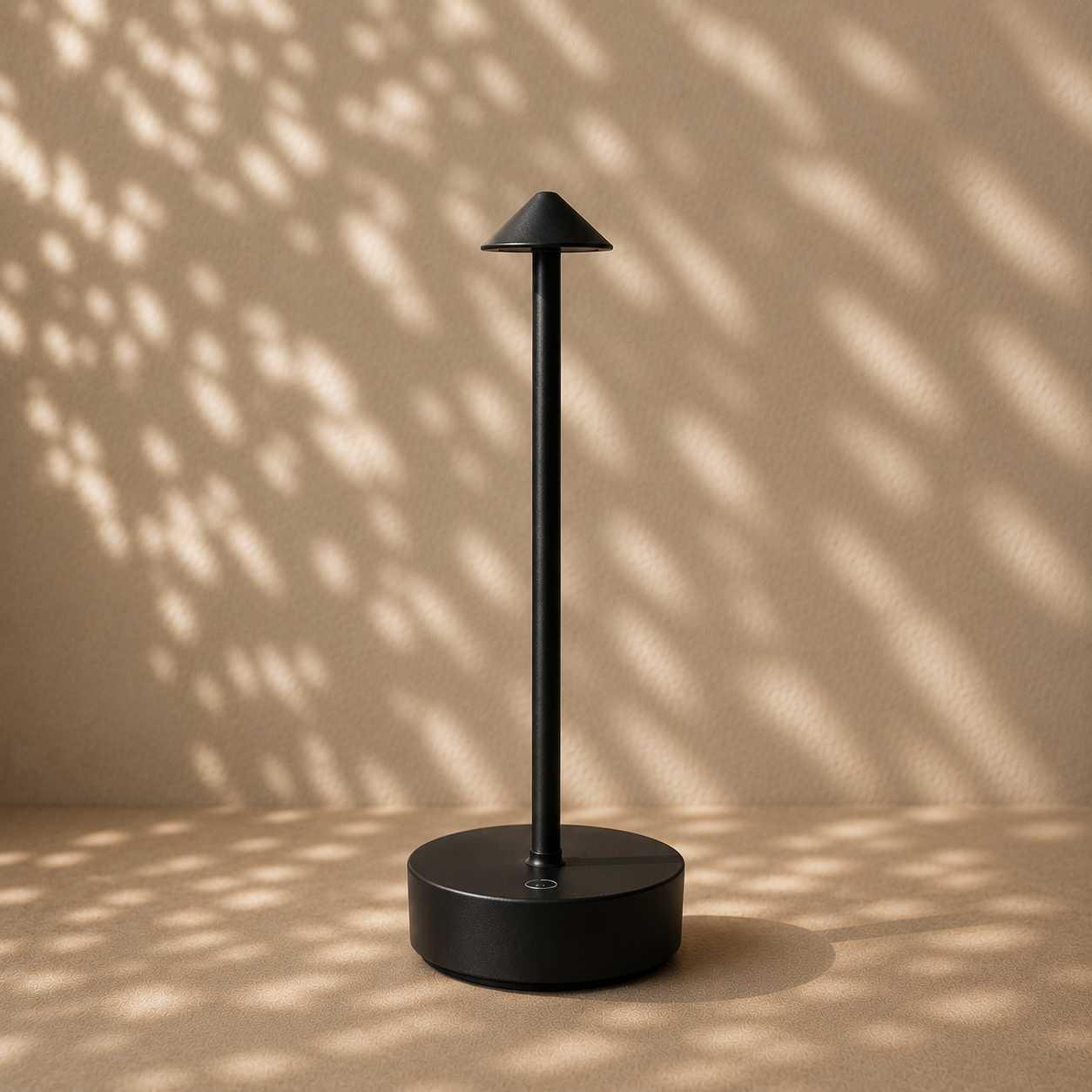 Black cordless light. this lamp is shown on a stand against a beige wall with shadow patterns