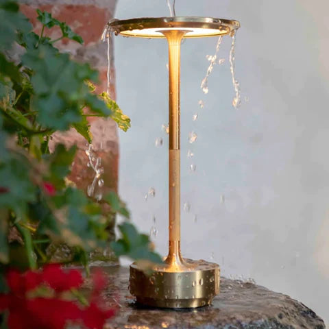 Gold decorative lamp with water feature on a stone surface next to plants
